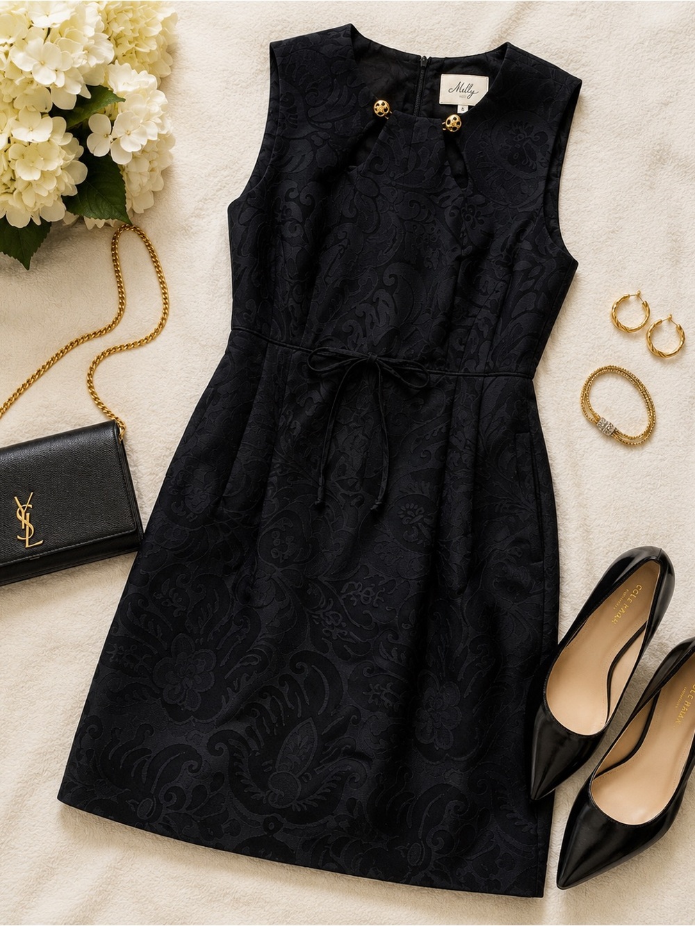 Milly of New York Black Paisley Embossed Cocktail Pocket Sheath Wool Dress Sz 6